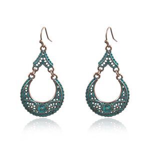 Bohemian Style Filigree Bronze Teal Blue Teardrop Pierced Dangle Earrings